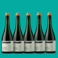 Cinco garrafas de Camaleon, fermentado de cana 750 ml, lado a lado em fundo verde